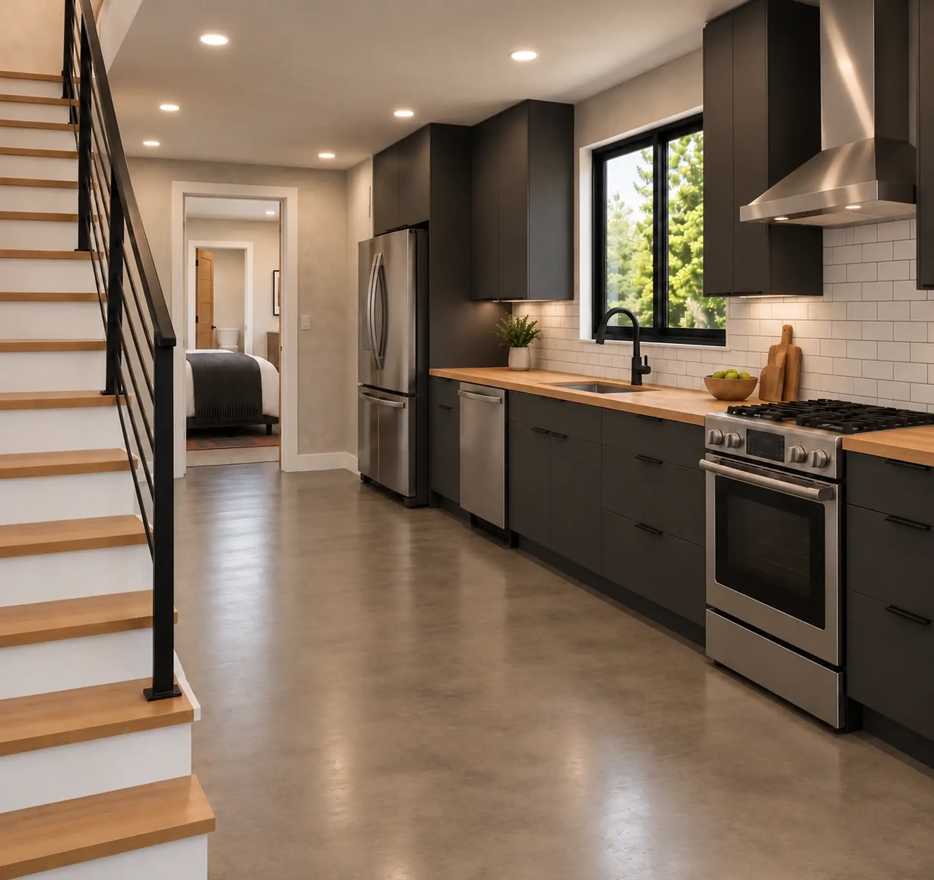 Rendering of the ADU 730 kitchen from the foot of the stair in the Industrial Loft finishes: the oak stair with its black railing on the left, matte charcoal cabinets and butcher-block counters on the right with the range, the sink under the window, the dishwasher and the refrigerator, and the bedroom through the doorway at the end.