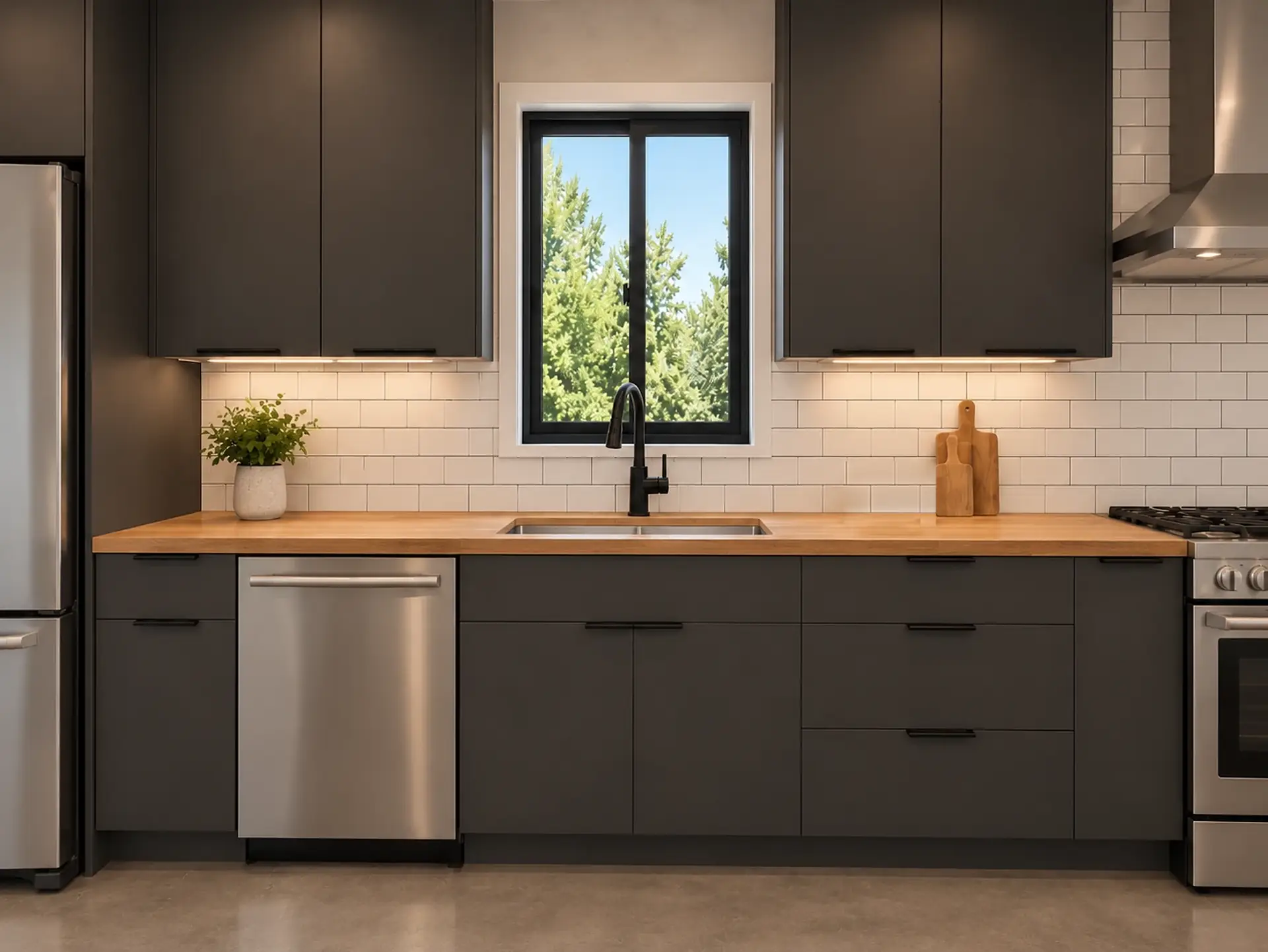 Rendering of the ADU 730 kitchen counter in the Industrial Loft finishes: matte charcoal cabinets, the sink under the window with a matte black faucet, oak butcher-block counters, white subway tile with charcoal grout, the dishwasher, the range and the refrigerator.