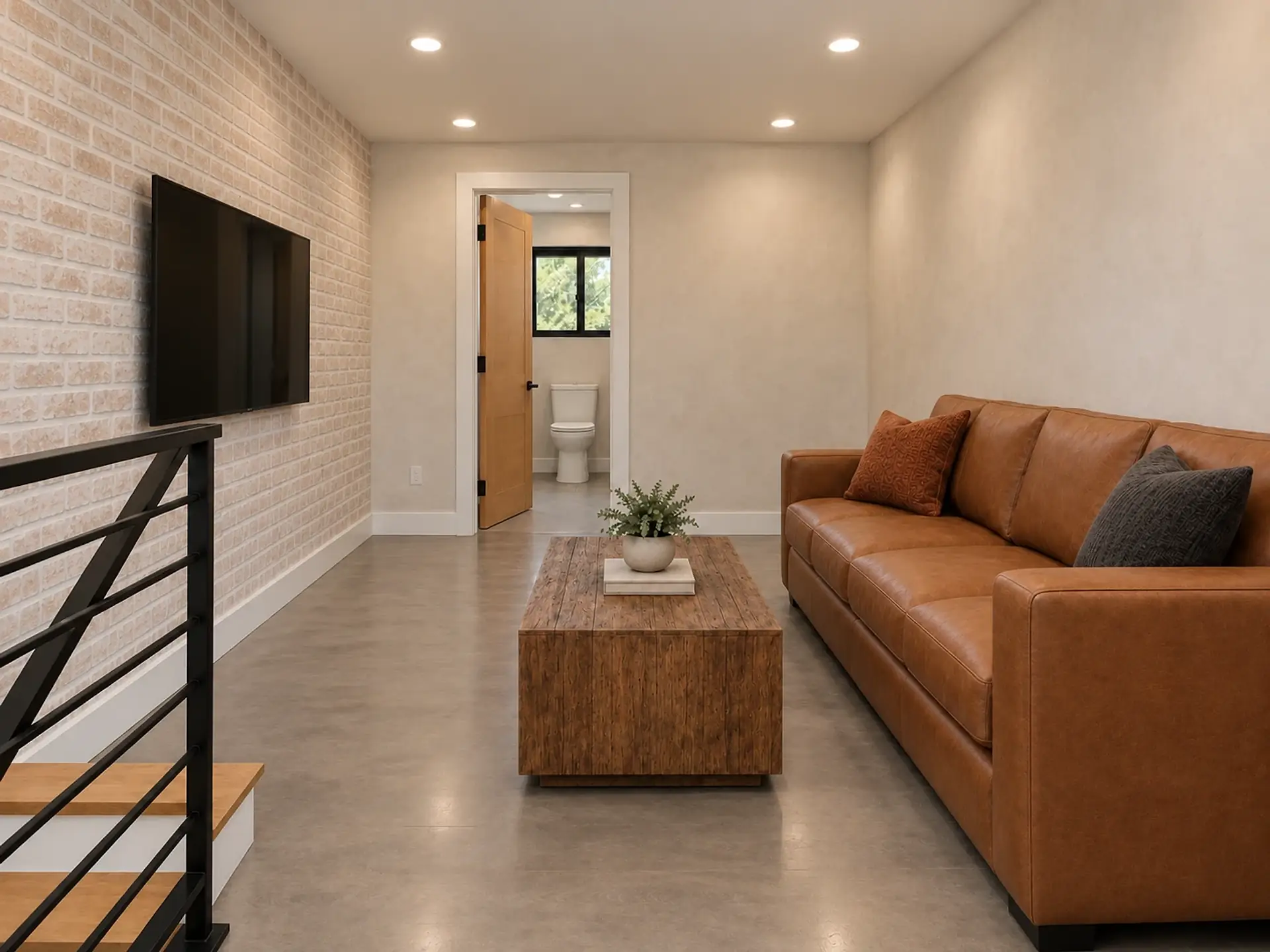 Rendering of the ADU 730 loft in the Industrial Loft finishes: the stair's black railing in front, the TV on a whitewashed brick wall on the left, a cognac leather sofa on the right facing it, a reclaimed-wood coffee table, and the bath door open at the end.