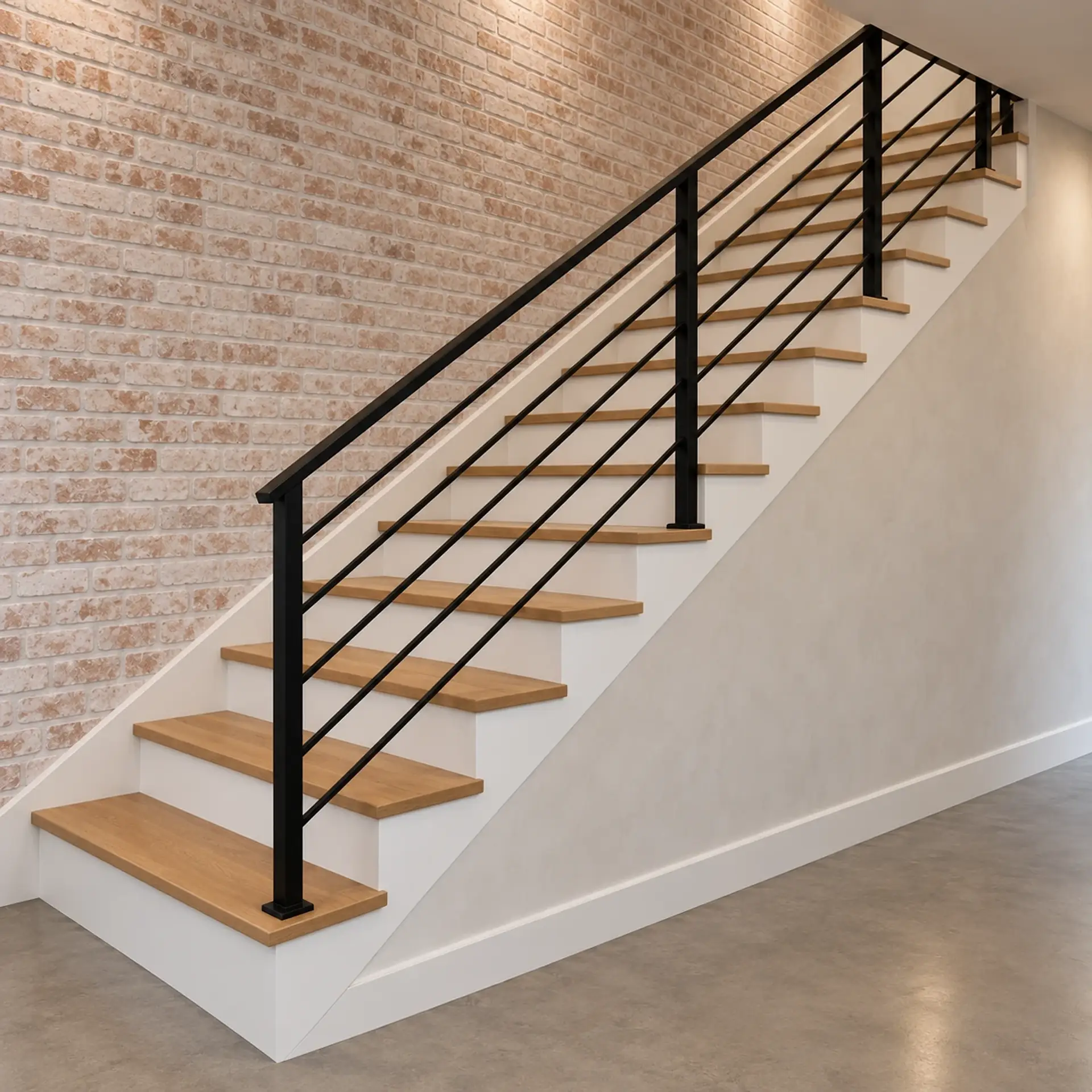 Rendering of the ADU 730 stair in the Industrial Loft finishes: oak treads over white risers climbing along a whitewashed brick wall, with a black horizontal-bar railing.