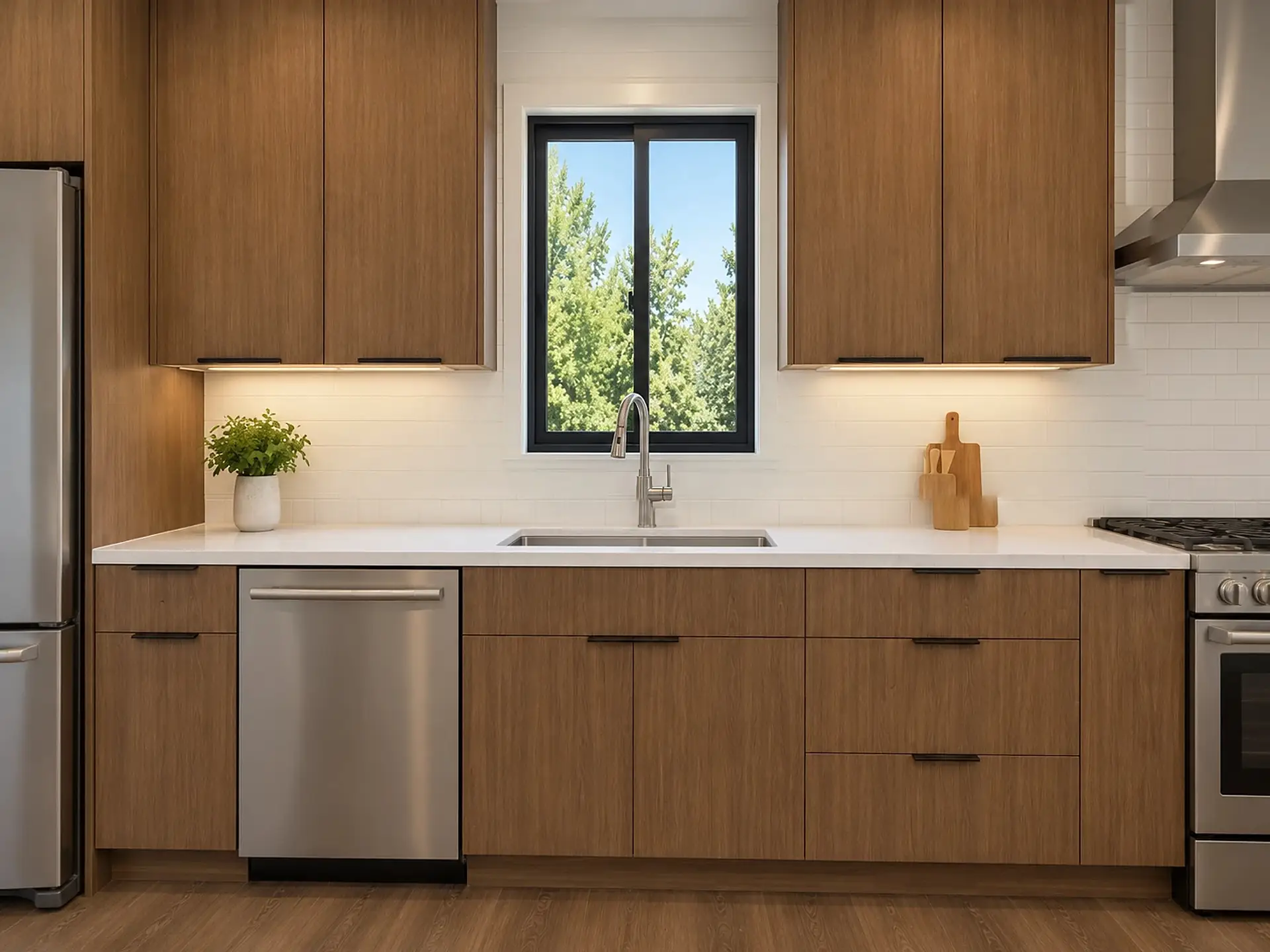 Rendering of the ADU 730 kitchen counter: walnut cabinets, the sink under a narrow black-framed window between the upper cabinets, the dishwasher to its left, the range and hood at the right, and the fridge at the left edge.
