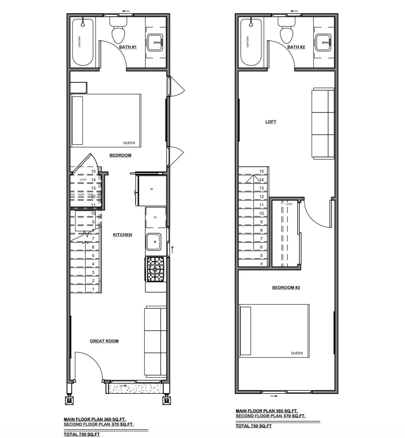 Floor plans of the ADU 730. Main floor: the great room at the front with the front door and a window, the kitchen along the side wall across from the stair, the bedroom through a pocket door with a closet under the stair, and a bath across the back. Second floor: a loft at the top of the stair, a bath across the back, and a second bedroom at the front through a short hall with a closet.