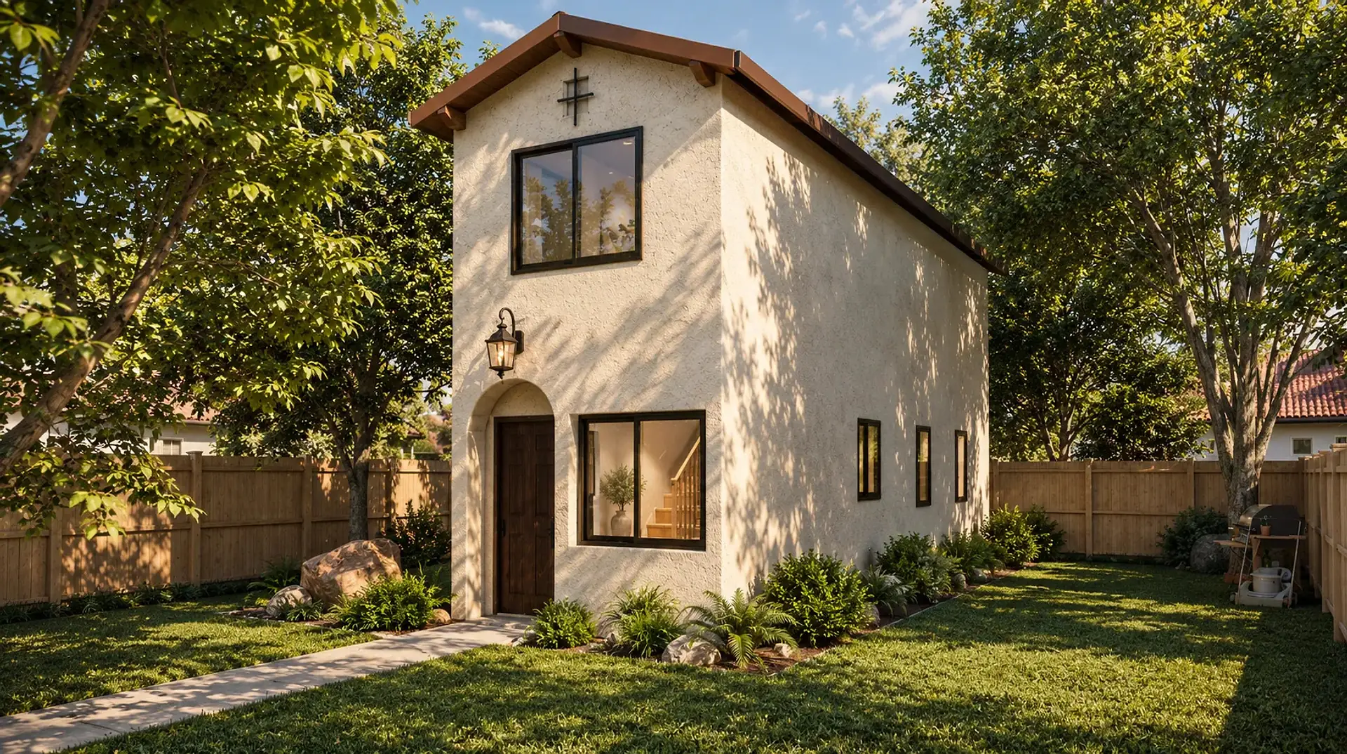 Rendering of the ADU 730 from its front corner in the Spanish style: cream stucco under a clay-red gable roof with a black iron ornament in the gable, an arched entry with a wood front door under a lantern, a wide black-framed window beside it, and three narrow windows down the side wall.