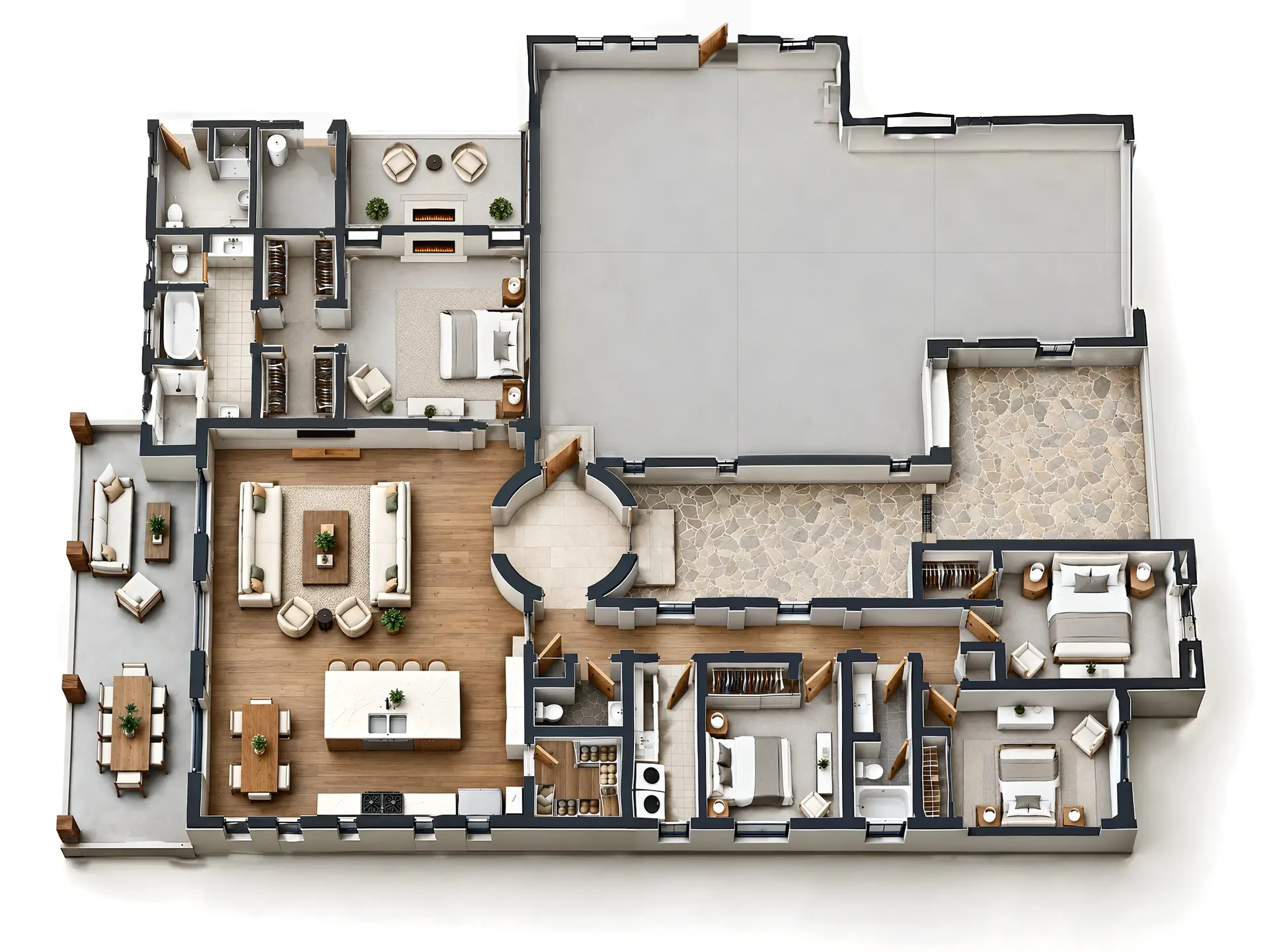 3D floor plan rendering of the Aria model home, furnished and seen from above with the roof off: the great room with the kitchen island and dining table, the round entry and the flagstone courtyard beside the garage, the primary suite with its covered garden, and three bedrooms along the hall.