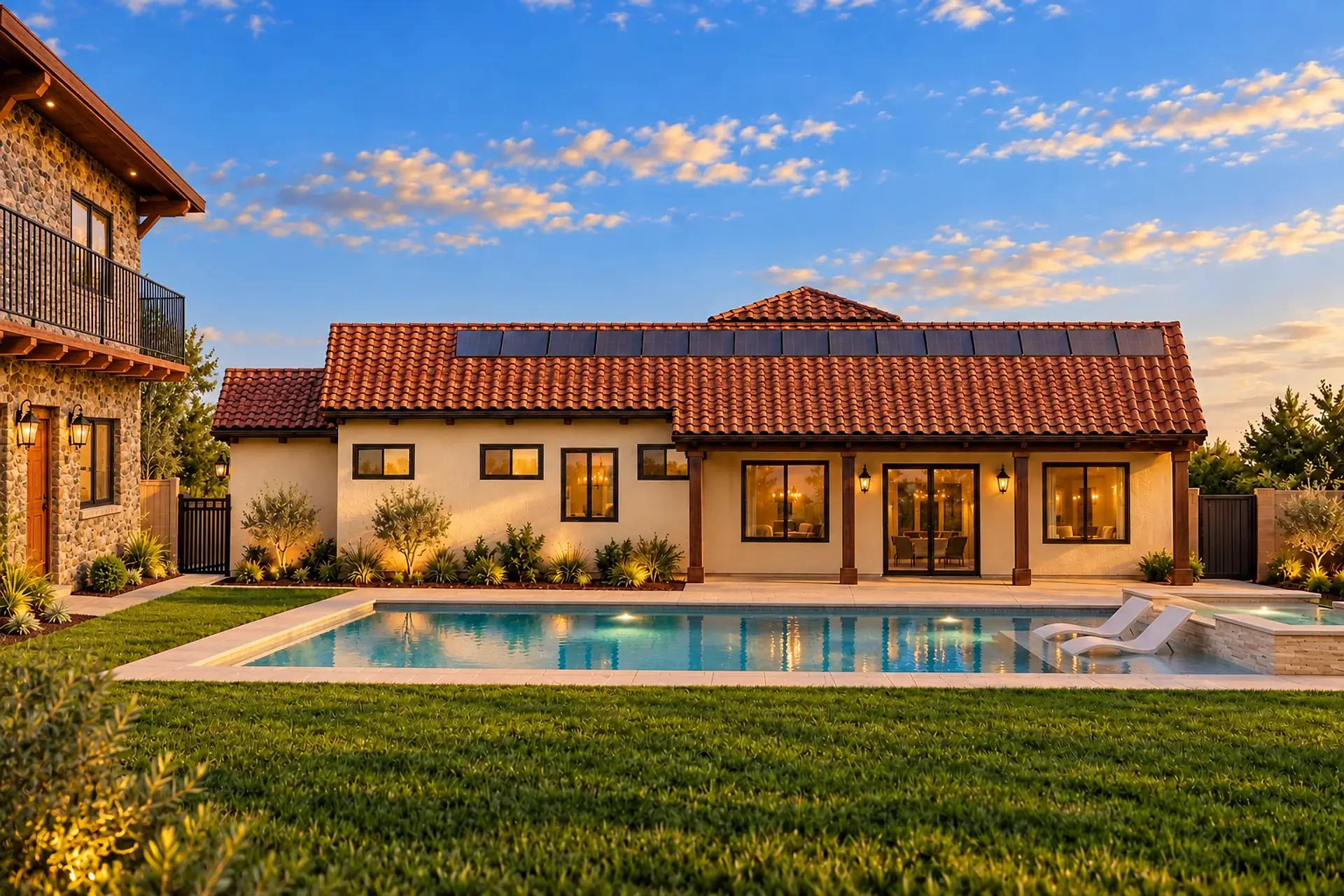 Rendering of the back of the Aria model home at golden hour: a pool and spa across the yard, cream stucco under clay tile roofs with a row of solar panels, the covered patio with its wood posts, and a two-story stone ADU at the left.