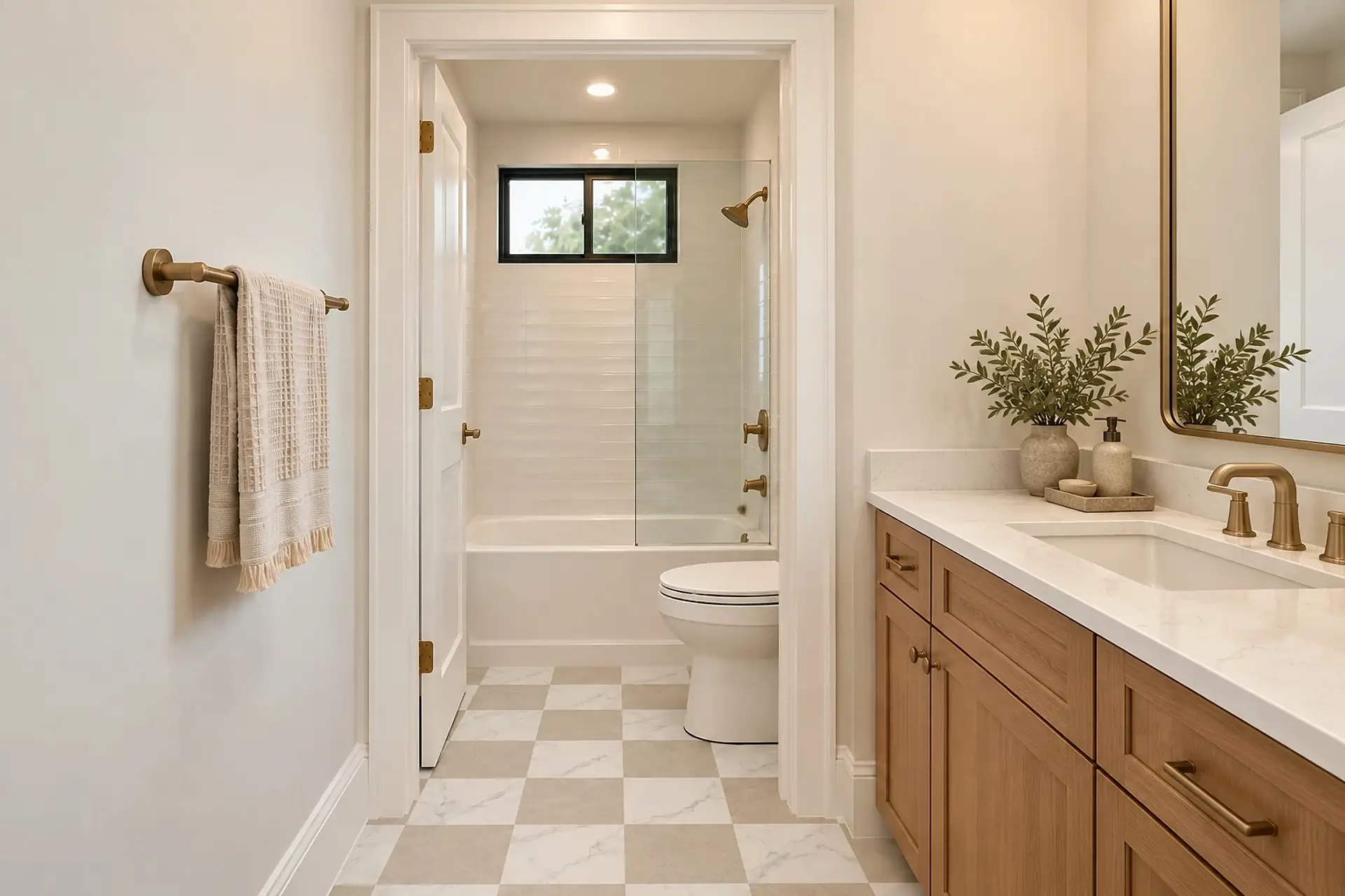 Rendering of bath 2: a wood vanity with a quartz top along the right wall, and through the inner door, the toilet and a tub-shower under a small window.