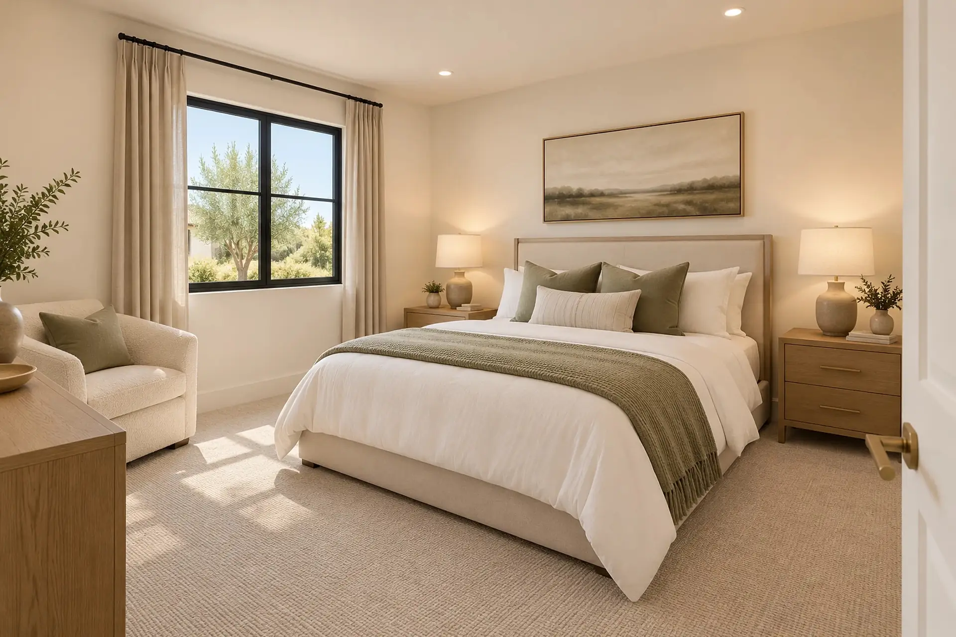 Rendering of bedroom 3: a queen bed against the far wall between nightstands, a window on the left wall, and an armchair in the corner.