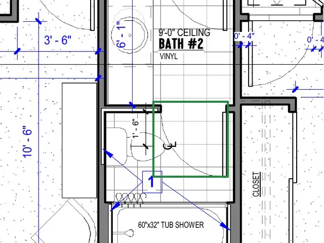 A2.1 · floor plan, boxed in green where it shows what belongs there: A2.1 draws one (17E), hinged on its east jamb.
