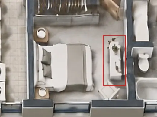 3D floor plan, as first drawn, the mistake boxed in red: Bedroom 2's dresser was a melted white shape.
