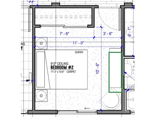 A2.1 · floor plan, boxed in green where it shows what belongs there: A2.1 draws a dresser on the wall across from the bed.