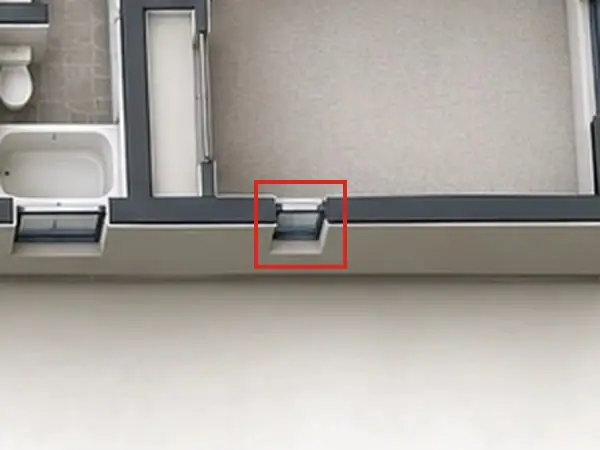 3D floor plan, as first drawn, the mistake boxed in red: An extra window in bedroom 3's south wall.