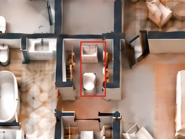 3D floor plan, as first drawn, the mistake boxed in red: A sink and a toilet stood in the primary walk-in closet.