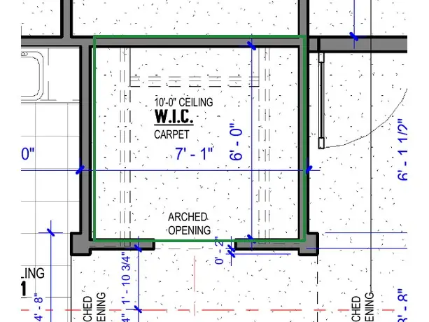 A2.1 · floor plan, boxed in green where it shows what belongs there: A2.1: a carpeted walk-in closet, with shelves and poles along its walls.