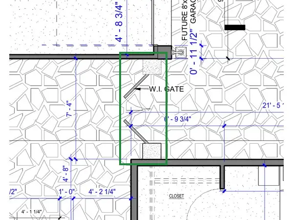 A2.1 · floor plan, boxed in green where it shows what belongs there: A2.1 draws a wrought-iron double gate there, between the garage's corner and bedroom 4.