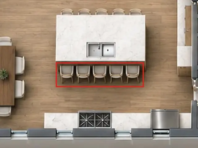 3D floor plan, as first drawn, the mistake boxed in red: Five more chairs lined the island's sink side, ten seats in all.
