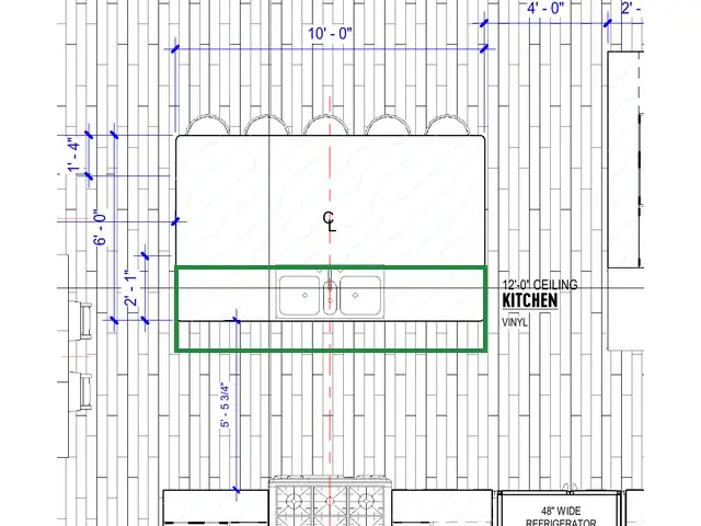 A2.1 · floor plan, boxed in green where it shows what belongs there: A2.1 has five stools, all on the living room side; the sink side faces the range.