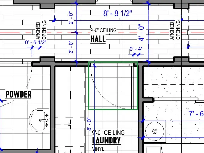 A2.1 · floor plan, boxed in green where it shows what belongs there: A2.1 draws one (door 20), swinging into the laundry.