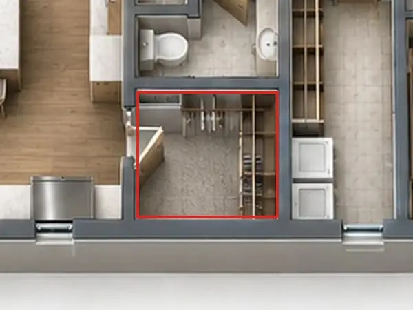 3D floor plan, as first drawn, the mistake boxed in red: The pantry was drawn as a clothes closet: a rod of hanging clothes, on carpet.