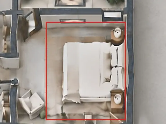 3D floor plan, as first drawn, the mistake boxed in red: The primary bed was about 14 ft long.
