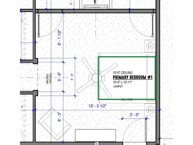 A2.1 · floor plan, boxed in green where it shows what belongs there: A2.1 draws a California king against the east wall, between two nightstands.