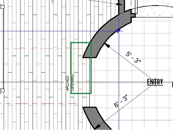 A2.1 · floor plan, boxed in green where it shows what belongs there: A2.1 draws an open arched opening there, as 13, 15 and 16 show it.