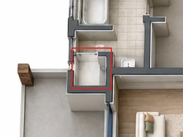3D floor plan, as first drawn, the mistake boxed in red: The primary bath's walk-in shower was an empty room.