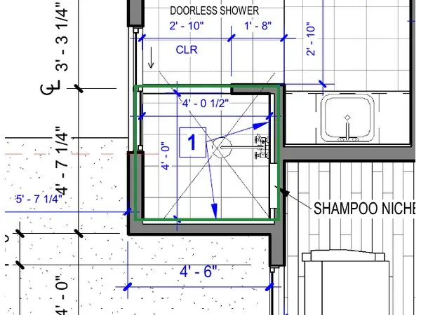 A2.1 · floor plan, boxed in green where it shows what belongs there: A2.1 draws a doorless 4-ft shower there, with its controls and a shampoo niche on the right-hand wall.