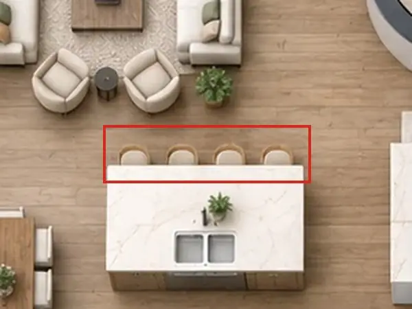 3D floor plan, as first drawn, the mistake boxed in red: Four stools at the island.