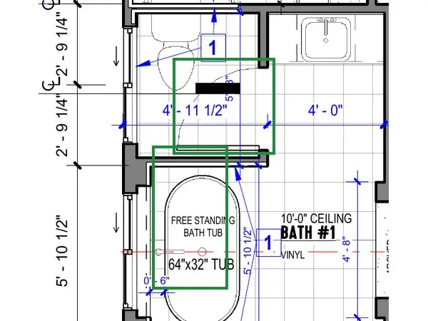 A2.1 · floor plan, boxed in green where it shows what belongs there: A2.1 gives the toilet room a door (6A) and draws a freestanding tub in the niche.