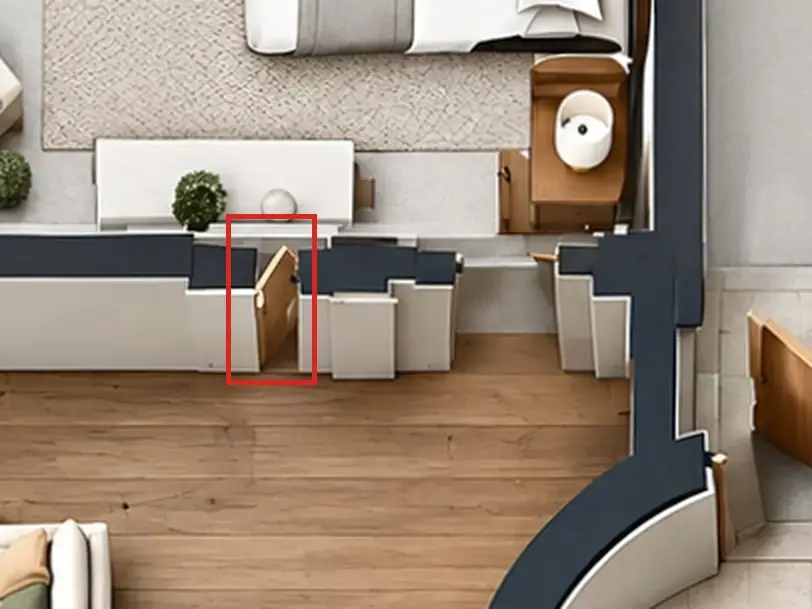 3D floor plan, as first drawn, the mistake boxed in red: A door stood in the TV wall, about 3 ft west of the bedroom door.