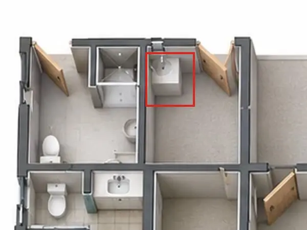 3D floor plan, as first drawn, the mistake boxed in red: A sink stood in the mechanical room's corner, where the water heater goes.