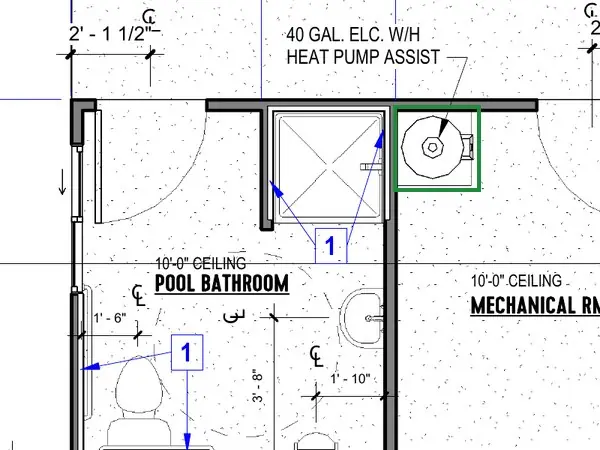 A2.1 · floor plan, boxed in green where it shows what belongs there: A2.1 puts a 40-gallon water heater in that corner.