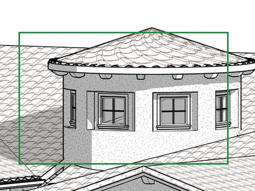 A3.3 · front 3D view, boxed in green where it shows what belongs there: The tower is round: a 12'-6" circle on the roof framing plan, and a smooth stucco cylinder in both 3D views (A3.3).