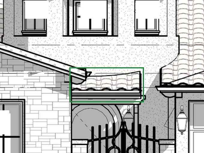 A3.1 · front elevation, boxed in green where it shows what belongs there: The front elevation (A3.1) has a small tile roof over the gate, with the tower behind it.