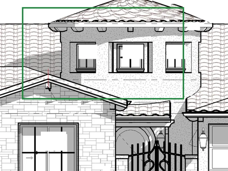 A3.1 · front elevation, boxed in green where it shows what belongs there: The front elevation (A3.1) draws the tower in stucco, like every stucco wall; stone only on the front gable, the gate's pilasters and the low walls. The 3D views (A3.3) make it round.