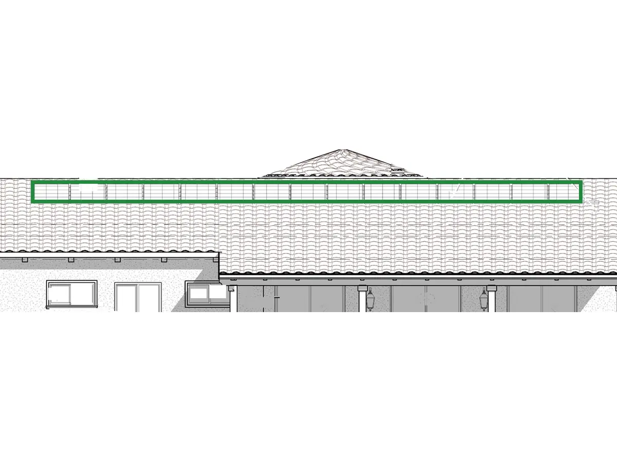 A3.2 · back elevation, boxed in green where it shows what belongs there: The back elevation (A3.2) and the back 3D view (A3.3) draw 15 even panels.