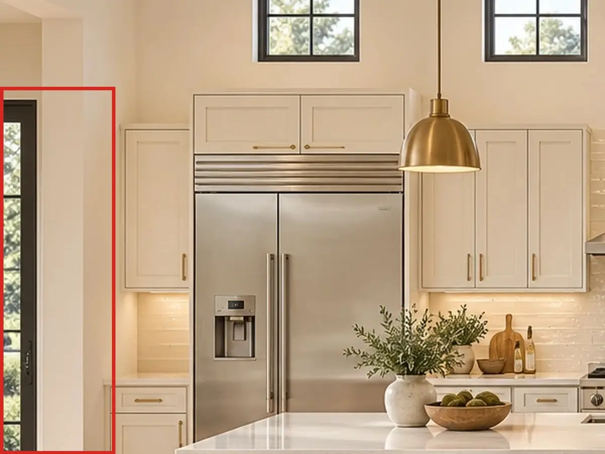 Kitchen and dining, as first drawn, the mistake boxed in red: At the far left, a black-framed glass door looked out to a garden.