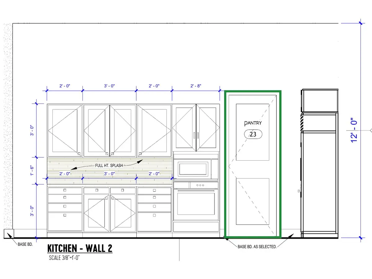 A2.2 · kitchen wall 2, boxed in green where it shows what belongs there: That wall is inside the house: A2.2's kitchen wall 2 and A2.1 put the white pantry door there.