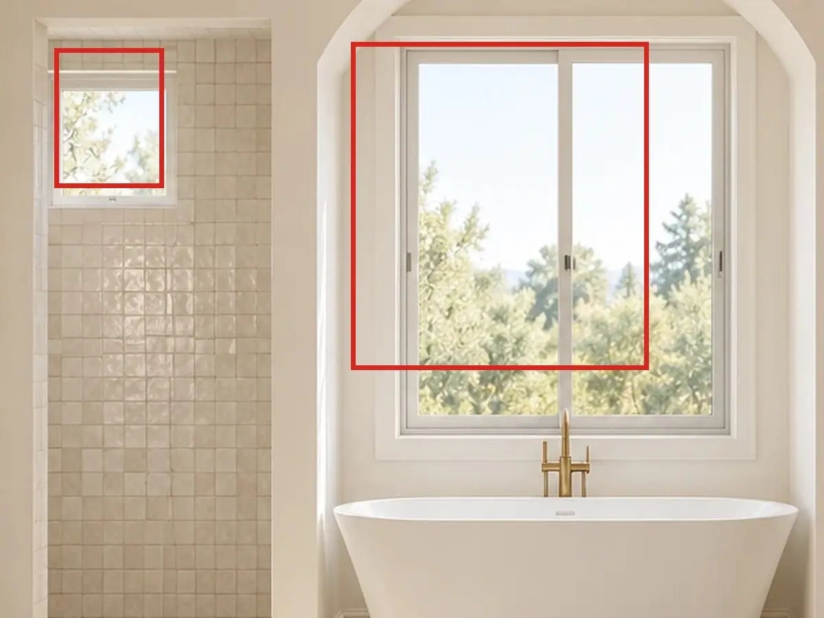 Primary bath, as first drawn, the mistake boxed in red: The bath's two windows had white frames.