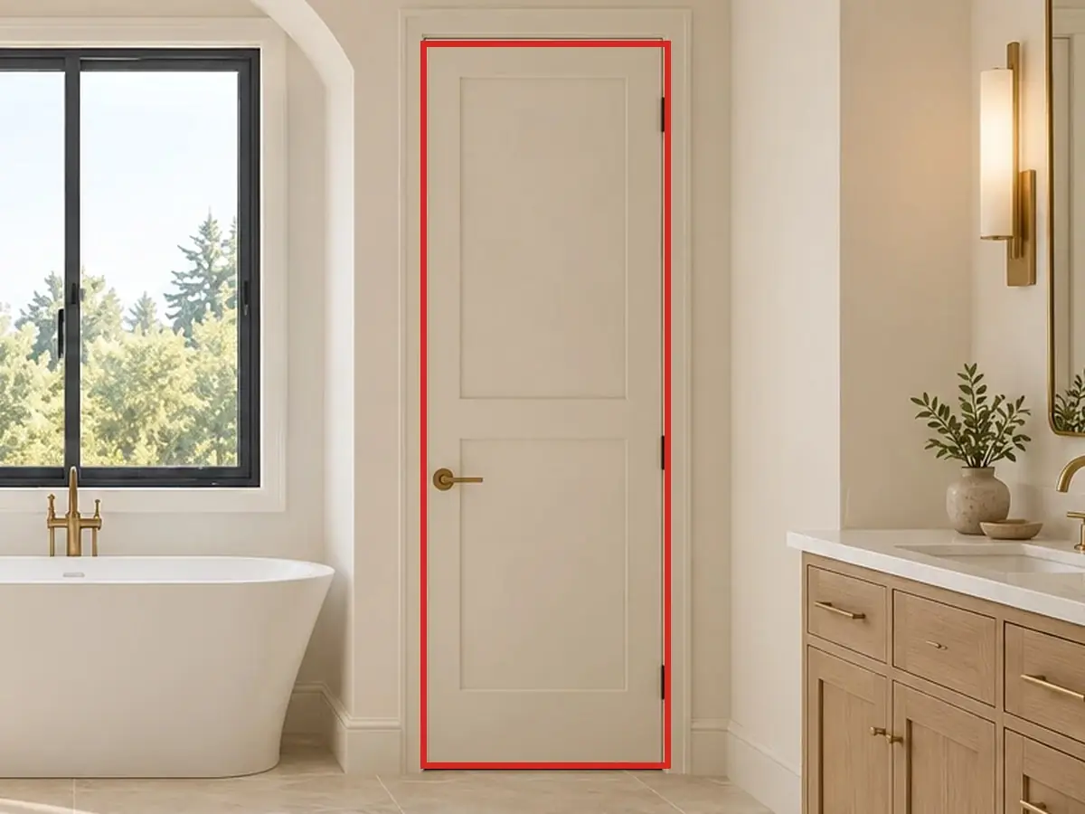 Primary bath, as first drawn, the mistake boxed in red: The toilet room's door was hung on the right, opening toward the bath, its hinges showing.