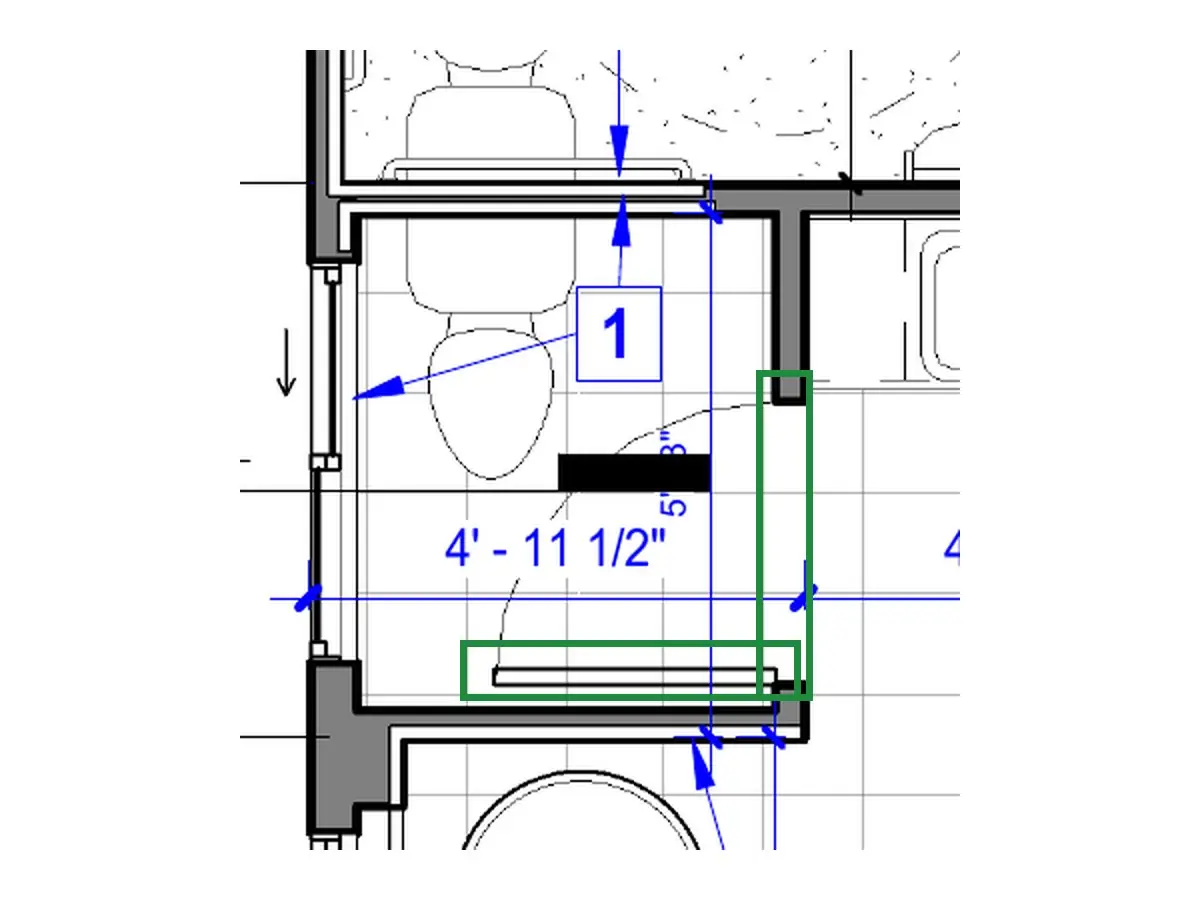 A2.1 · floor plan, boxed in green where it shows what belongs there: A2.1 hangs door 6A on its south jamb, swinging into the toilet room: from the bath, its lever is on the right and no hinges show.
