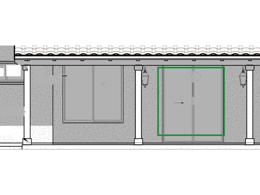 A3.2 · back elevation, boxed in green where it shows what belongs there: The back elevation (A3.2) marks the near panel as the one that slides. Only it gets a pull, on its outer edge; a pull in the middle would hit the other panel.
