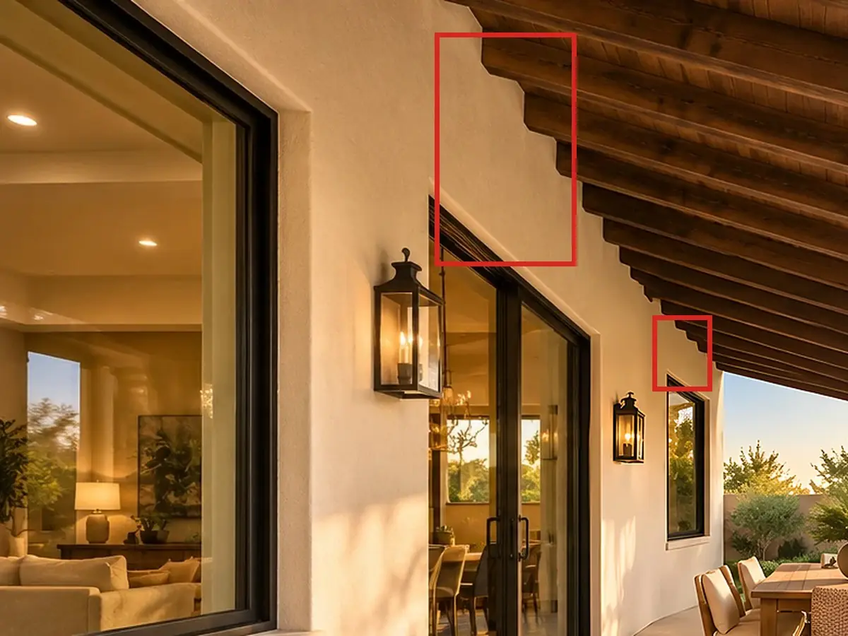 Covered back patio, as first drawn, the mistake boxed in red: The wall above the sliding door and the far window was plain.