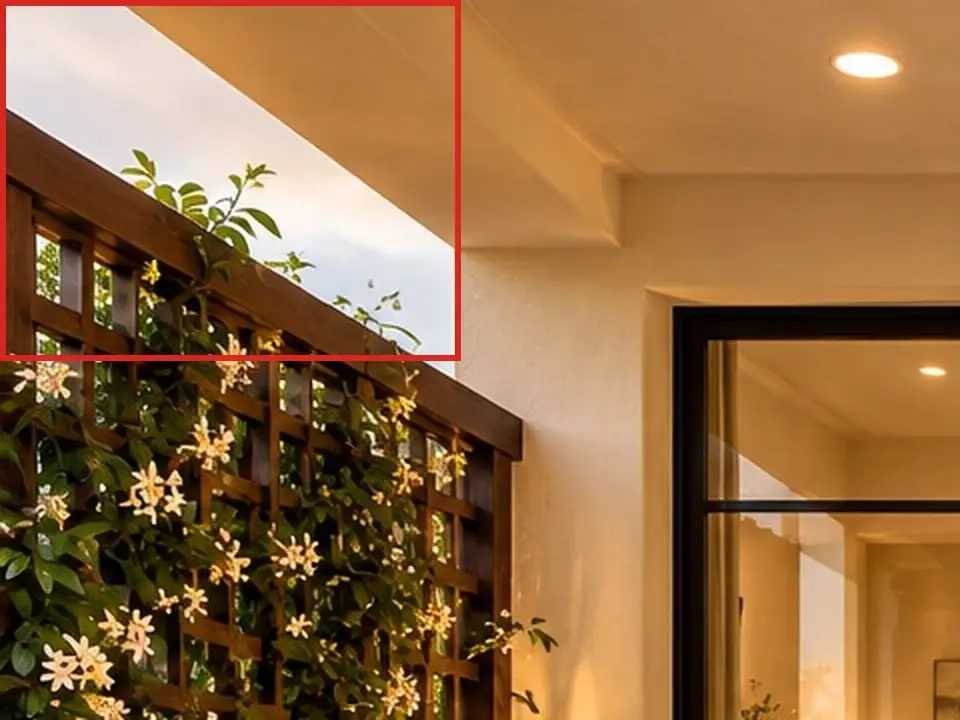Primary suite garden, as first drawn, the mistake boxed in red: Open sky showed over the trellis.