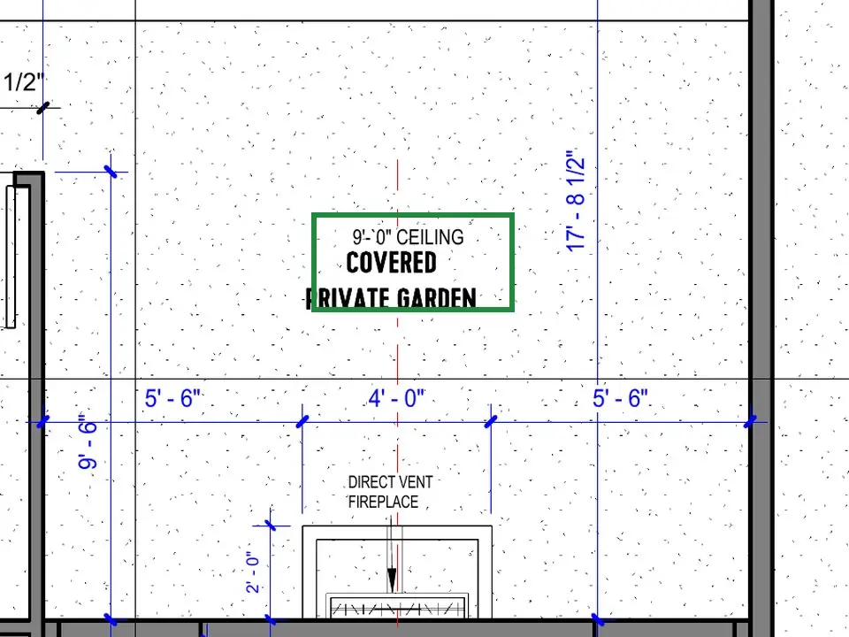 A2.1 · floor plan, boxed in green where it shows what belongs there: A2.1 notes a covered private garden with a 9-ft ceiling, so the trellis stands on a stucco wall under it.