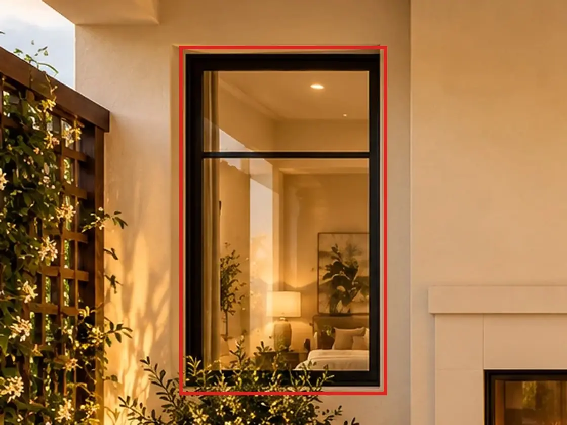 Primary suite garden, as first drawn, the mistake boxed in red: Through the window, a bed faced the garden, its headboard on the far wall; and the window had two panes where 17 and 18 show four.