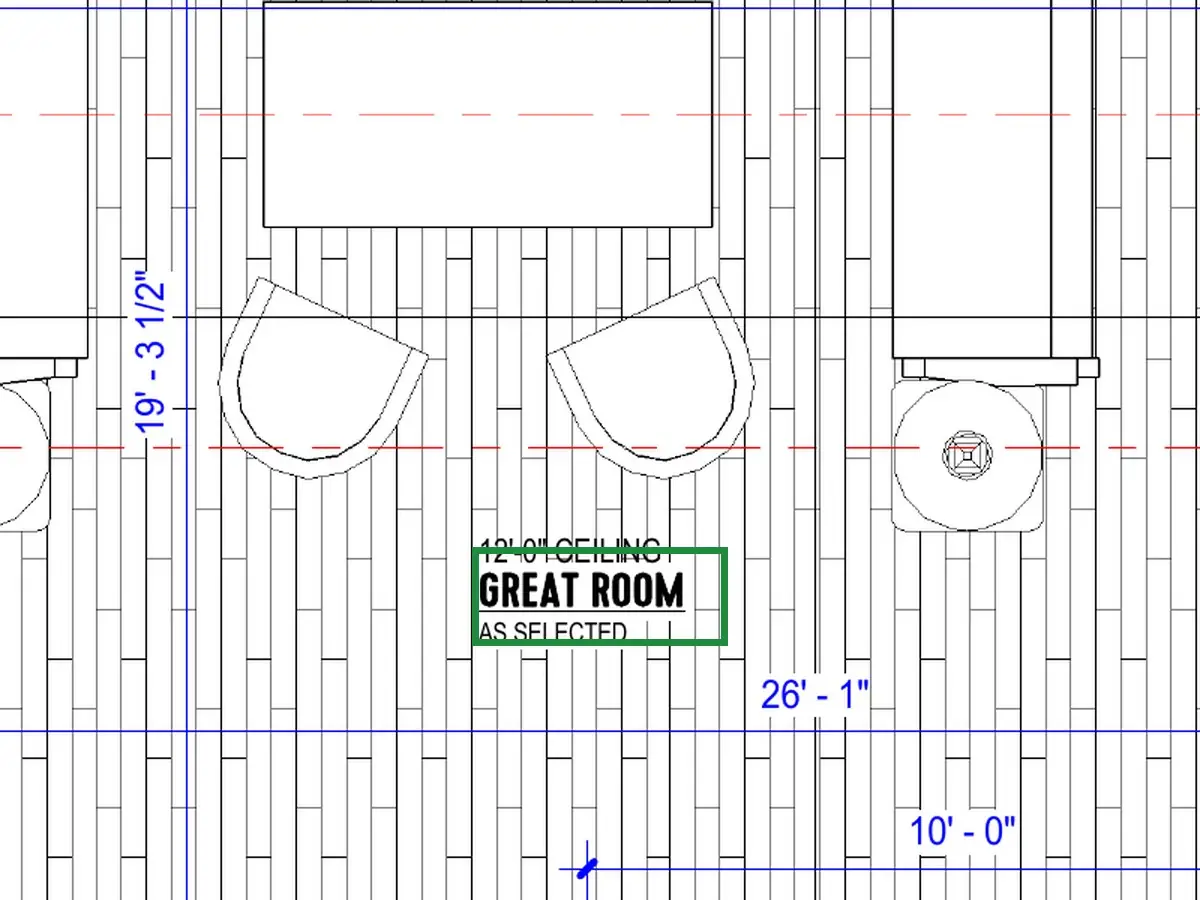 A2.1 · floor plan, boxed in green where it shows what belongs there: A2.1 notes a flat 12-ft ceiling in the great room, and the approved photos (04, 05) have no beams.