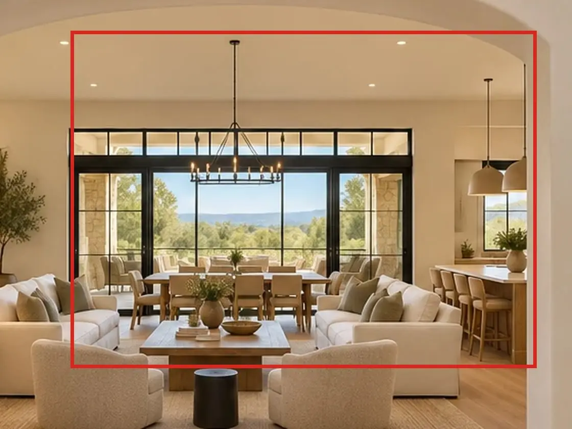 Entry rotunda, as first drawn, the mistake boxed in red: Through the big arch was a different room: a wall of glass with stone piers and a valley outside, a dining table under a chandelier, and the kitchen.