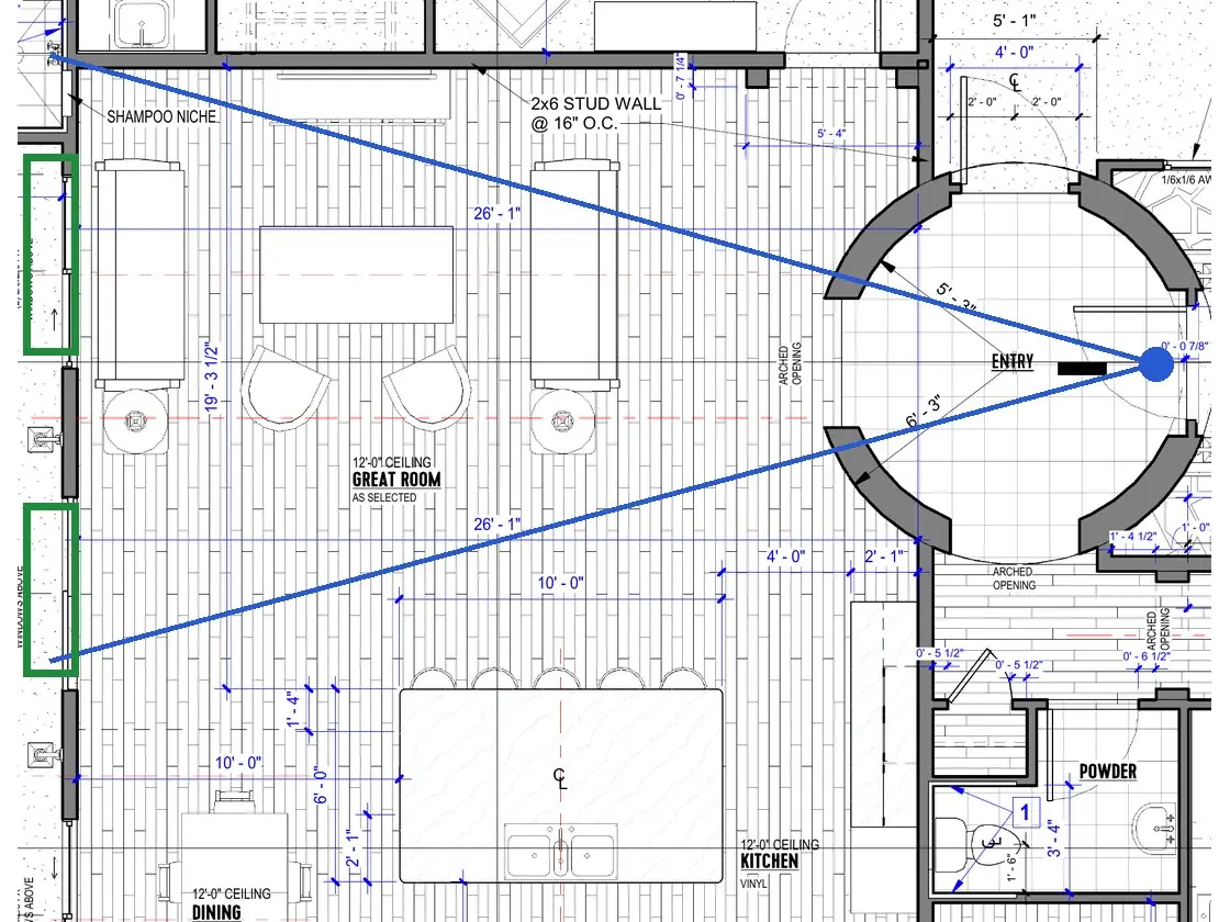 A2.1 · floor plan, boxed in green where it shows what belongs there: From here A2.1 has the back wall's sliding door and window, each with two small windows above, and the seating in front; the dining area and kitchen are hidden behind the round wall.