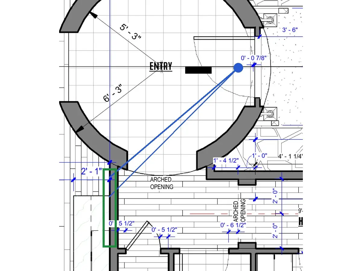 A2.1 · floor plan, boxed in green where it shows what belongs there: From here, A2.1 has the hall's plain end wall a few feet behind that arch; the hall turns away, out of view.